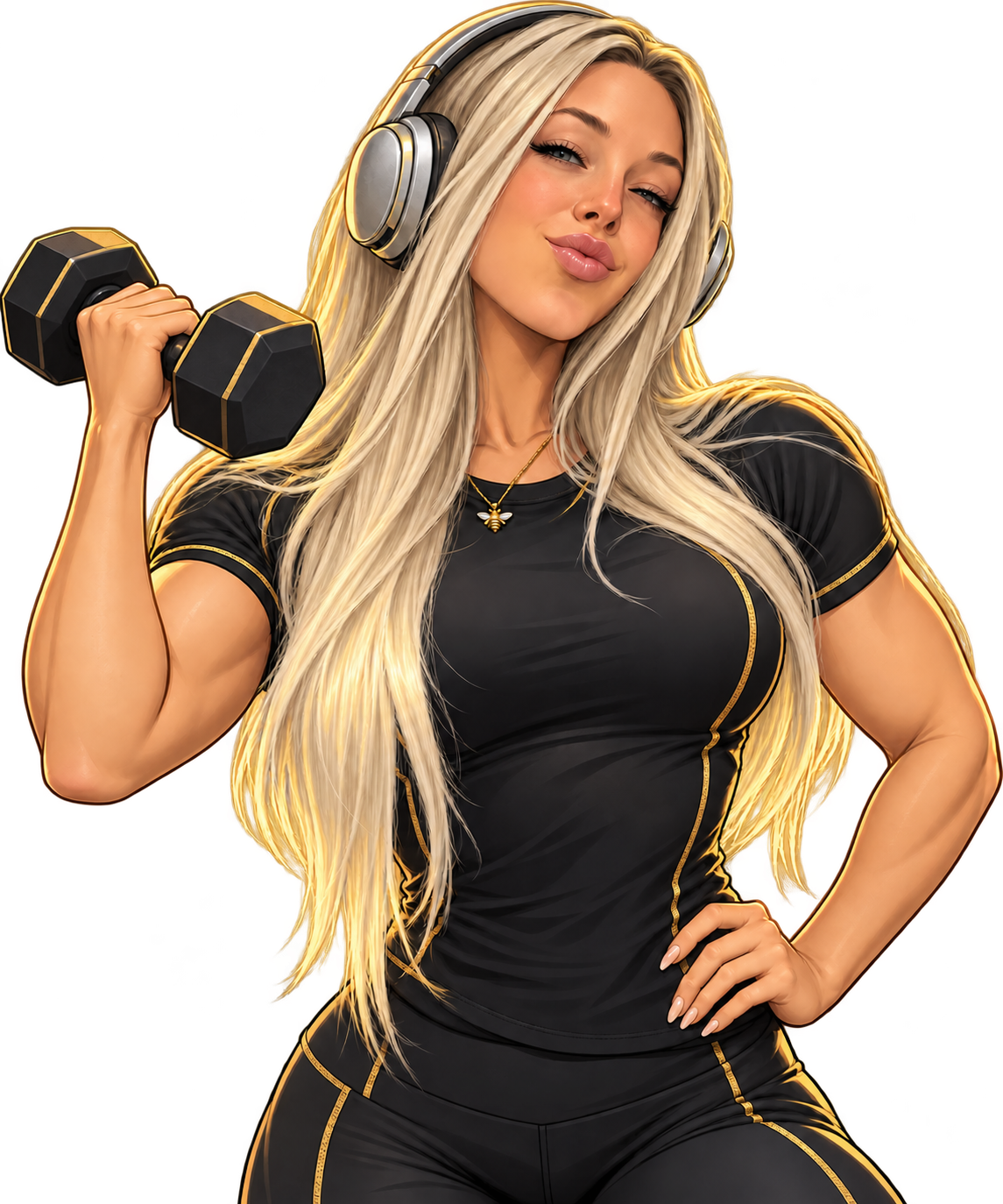 Cartoon portrait of Bee with blonde hair, headphones and a dumbbell